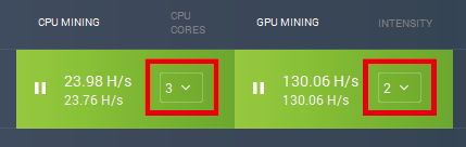 「MinerGate(マイナーゲート)」CPUの配分